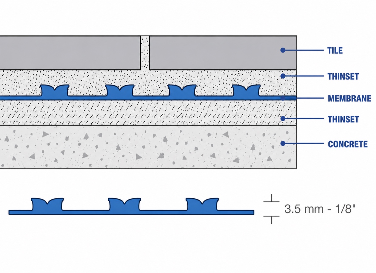 Cross-section of a Willo installation: tile, thinset, uncoupling membrane, thinset and concrete, with the 3.5 mm membrane profile